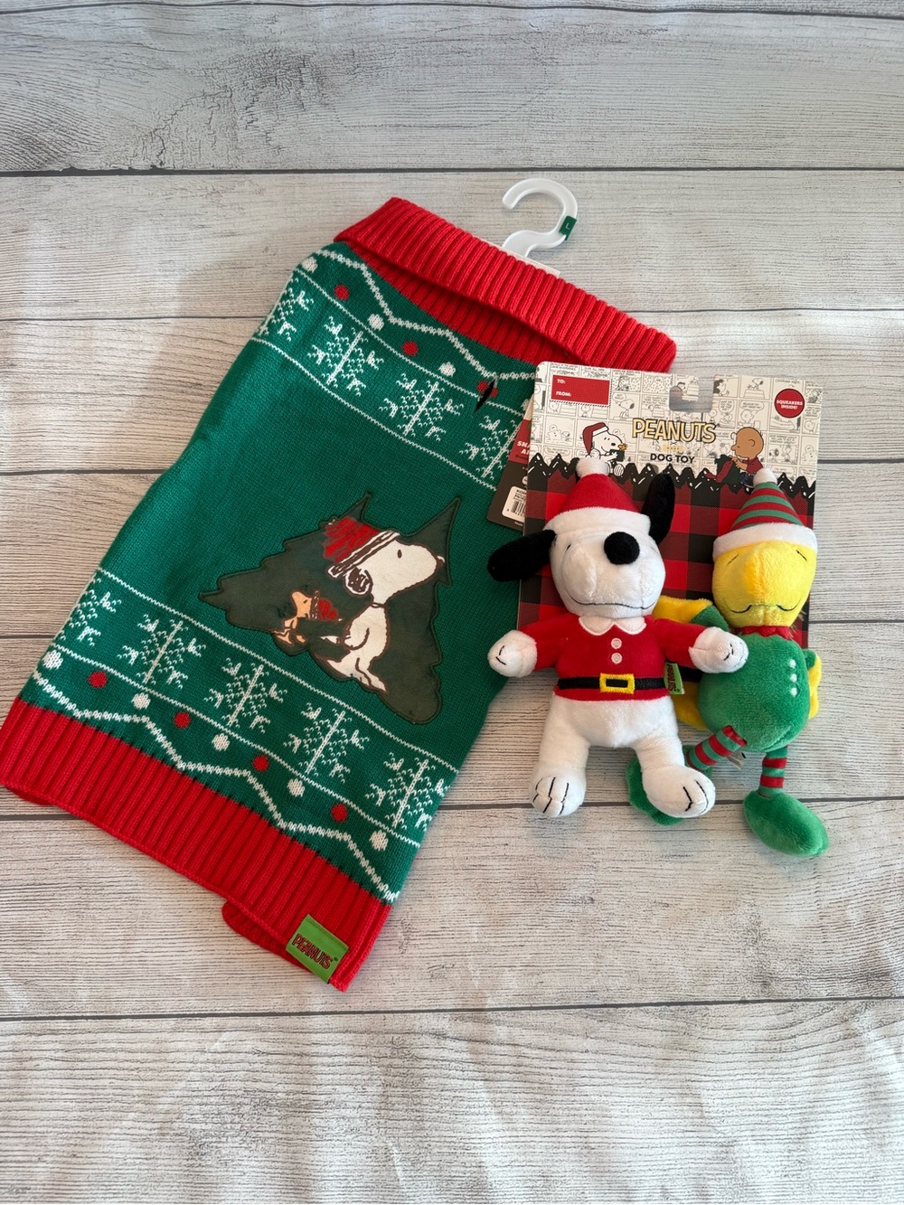 Peanuts Kids Green & Red Snoopy Holiday Knit Sweater with Plush Toys